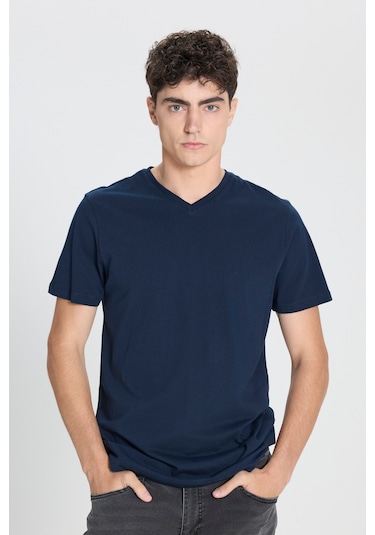 Ac&Co / Altınyıldız Classics Slim Fit Dar Kesim V Yaka Pamuklu Erkek Tişört Lacivert