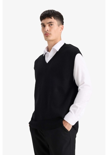 Defacto Standart Fit V Yaka Triko Yelek F4999ax25aubk27 Siyah