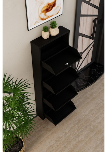 Kilitli 4 Kapaklı Metal Ayakkabılık Siyah Siyah