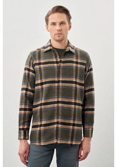 Koyu Haki Yünlü Ekose Desen Yumuşak Yaka Cepsiz Uzun Kol Casual Comfort Fit Gömlek 1004245227 Koyu Haki