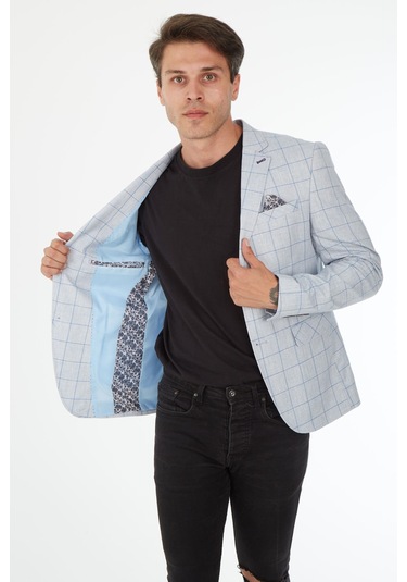 Sposo 5125 Dar Kalıp Kareli Açık Mavi Erkek Blazer Ceket Açık Mavi