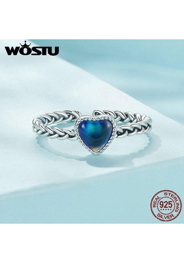 Wostu 925 Ayar Gümüş Duygu Taş Renk Değişimi Kalp Ayarlanabilir Yüzük Platin Kaplama Kadınlar İçin Parti Güzel Takı