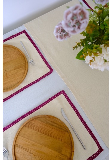 Yakacihome Terra 5 Parça 4 Parça Amerikan Servis & 1 Parça Runner Duck Keten Mürdüm Fisto Dantel Biyeli Set Bordo - Krem