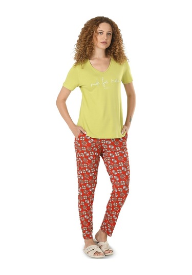 Kadın Fıstık Yeşili Baskılı Yarım Kol Viskon Pijama Takımı 10124 - M Fıstık Yeşili