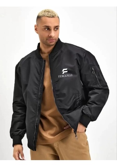 Erkek Siyah Bomber Mont - Fergolli Logo Baskılı, Fermuarlı Cepli, Kapitone Astarlı Şık Ve Rahat Günlük Ceket - Siyah Siyah