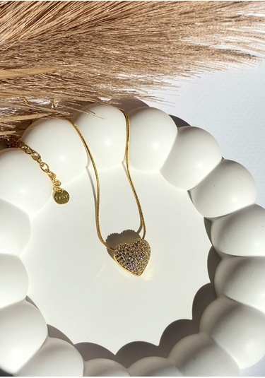 Altın / Gold Renk Zirkon Taşlı Kalp Figürlü 316l Çelik Kolye Gold