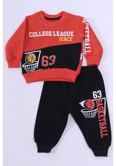 Erkek Bebek 3 İplik Eşofman Takımı Basketbol Baskılı A45 Kiremit