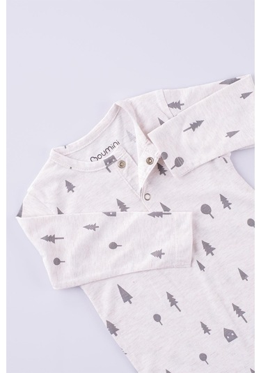 Boumini Bebek Uzun Kollu Çıtçıtlı Tulum Çam Ormanı Desenli-bej Bej