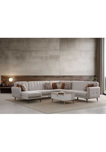 Bona Dinlenme+3+l Köşe+2 Köşe Takımı Bej Valebo-03 Ceviz Ayak Bej