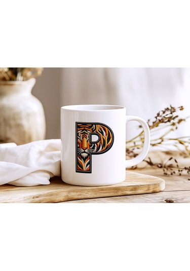 P Harfi Kaplan Figürlü Nakış Desenli Kupa Bardak - Kişiye Özel Vahşi Hayvan Desenli Kupa - Hediye Beyaz