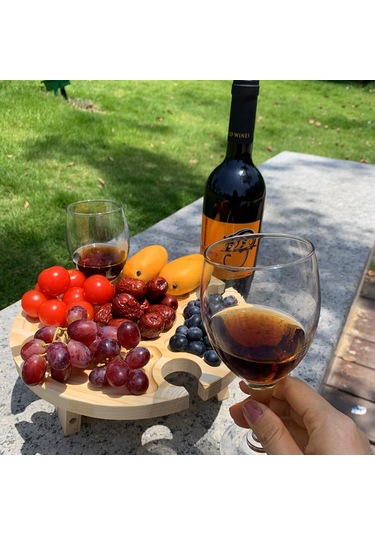 Açık Şarap Piknik Masası 30X16 Cm Katlanır Ahşap Aperatif Ve Peynir Tepsisi Ile 4 Şarap Bardakları Tutucu Çok Renkli