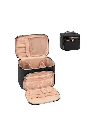 Büyük Makyaj Çantası, Kadınlar Kızlar İçin Taşınabilir Seyahat Makyaj Çantası Makyaj Fırçası Bölmeli, Saplı Ve Ayırıcılı Şık Makyaj Çantası Düzenleyici Kozmetik Çantası - Siyah Altın