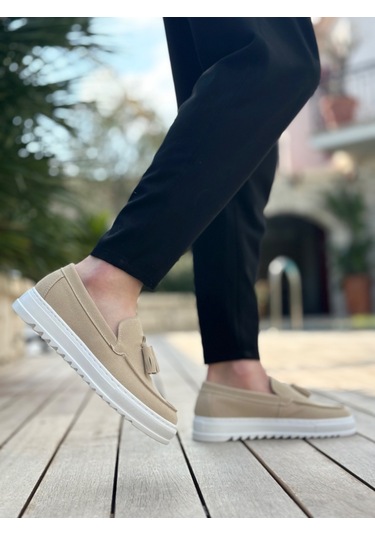 Pabucmarketi Bağcıksız Püsküllü Keten Erkek Ayakkabı Krem Beyaz Taban Çok Renkli