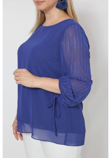 3243 Kolu Taş Baskılı Şık Bluz Saks Saks