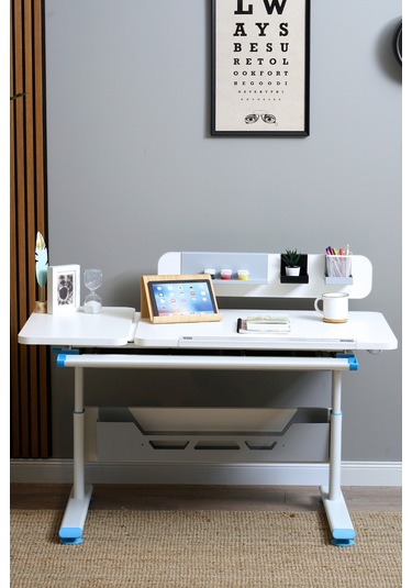 Vega Standart Yükseklik Ve Eğim Ayarlı, Çekmeceli Ergonomik Bilgisayar, Ofis Ve Çalışma Masası Mavi Gri