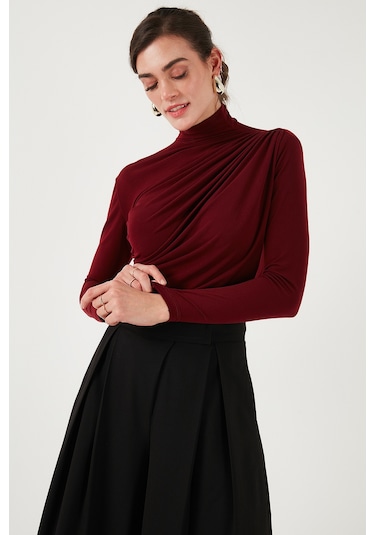 Lela Streç Büzgü Detaylı Slim Fit Dik Yaka Bayan Bluz 669925 Bordo