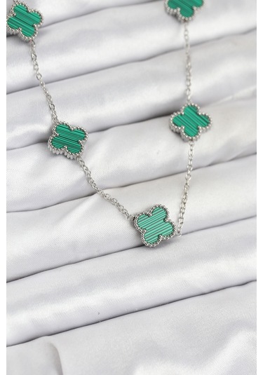 316l Çelik Zincir Gümüş Renk Yeşil Yonca Kadın Kolye Renkli