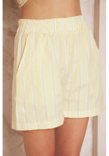Kadın Özel Kumaş Ceket Yaka Beli Lastikli Kısa Kol Gömlek Cepli Şort Takım 3625290 Sarı