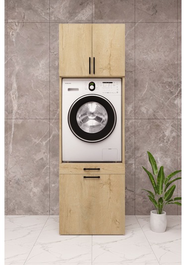 Mdf Çamaşır Makinesi Dolabı Sepetli Ahşap Lefkas Meşe