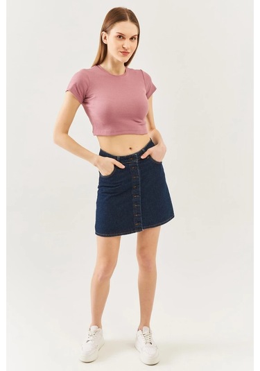 Kadın Kısa Kol Bisiklet Yaka Vücuda Oturan %100 Pamuklu Kaşkorse Esnek Crop Bluz Gül Kurusu