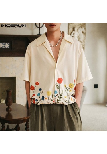 İncerun Yaz Baskı Erkek Kısa Kollu Tatil Günlük Salaş Gömlekler Bej