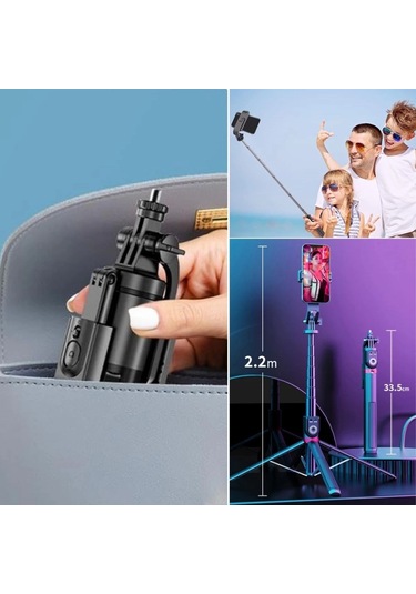 Fotoğraf Makinası Ve Telefon Takılabilen 2si 1 Arada 2.2m Uzayan Selfie Çubuğu Kumandalı Tripod Çok Renkli
