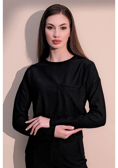 Kadın Siyah Kendinden Dokulu Cepli Crop Sweatshirt, Salaş Kesim Siyah