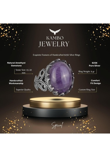 925 Ayar Katı Gümüş Erkek Yüzük - Doğal Taş Seçenekleri İle El Yapımı Tasarım Ametist Gümüş