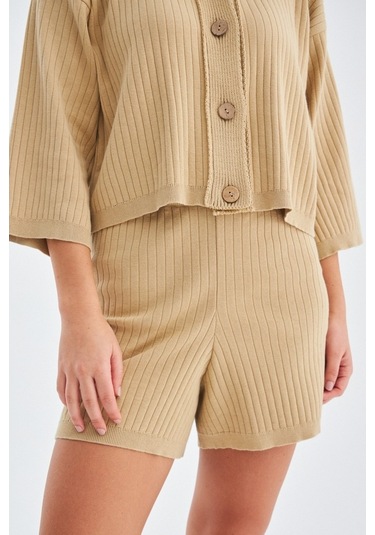 Peraluna Mujo Cardıgan & Shorts %100 Pamuk Kadın Triko Şort Takım Bej