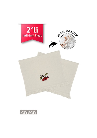 2'li Bej Kiraz Desen Mutfak Havlusu %100 Pamuk - 40x70 Cm El Ve Yüz Havlusu