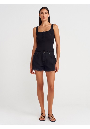 Dilvin 21069 Düğmeli Kare Yaka Top-siyah Siyah