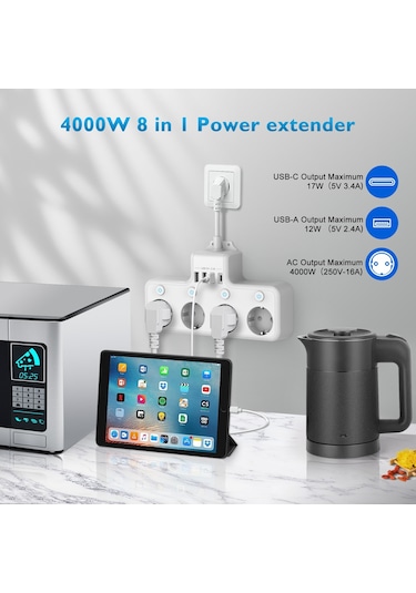 Cbtx 4000W 3 x USB, 1 x Type-C 8 in 1 Termal Akım Korumalı Priz 4'lü Beyaz