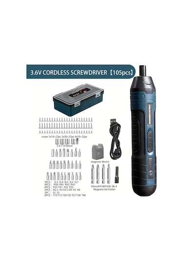 Pvc Kutu 105 Parça Set 3.6v Lityum Akülü Vidalama Seti, 4 Tork Ayarlı Kablosuz Elektrikli Vidalama Makinesi