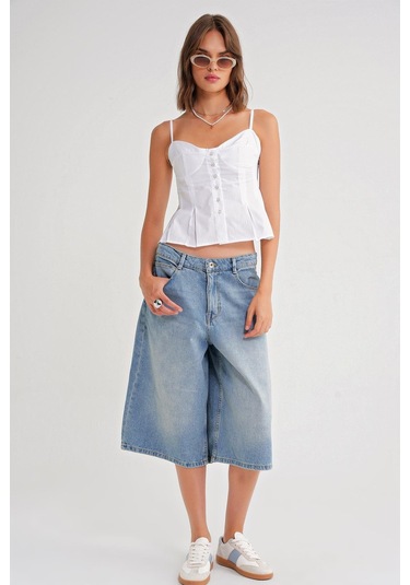 4737 Kadın Düğmeli Kuplu Pileli Bluz Beyaz Beyaz