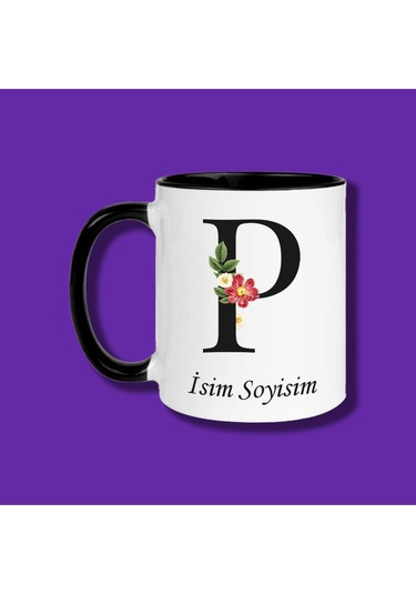 Kişiye Özel P Harfli Çiçek Tasarımlı Isme Özel Siyah Kupa Bardak Beyaz