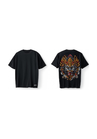 Bumeta Asian Guardian Lion Head Beast Oversize Unisex Tişört T-shirt Siyah