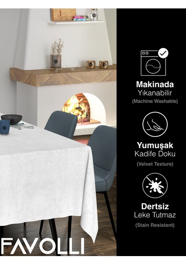 Kadife Dokulu Beyaz Renk Masa Örtüsü Beyaz