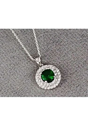 Lilahgümüştr Gümüş Yeşil Taşlı Yuvarlak Kadın Kolye Küpe