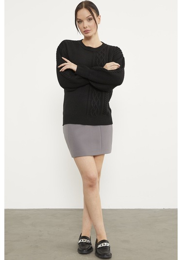 Prenses Kol Örgü Detaylı Triko Kazak - Siyah 001
