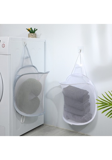 Mufunye Duvar Montajlı Katlanabilir Kumaş Çamaşır Sepeti - Gri Ağ Desenli Banyo Organizer 30x40x18 Cm - Ev İçin Konforlu Depolama Aracı Gri