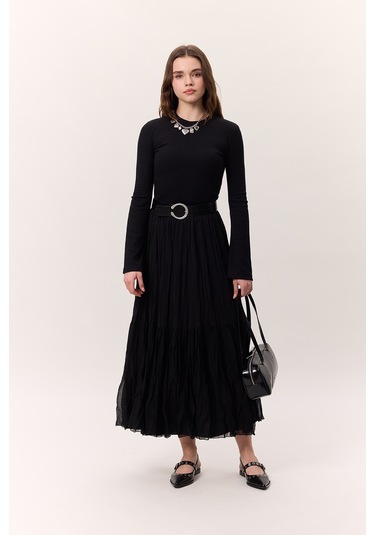 Crush Piliseli Uzun Etek Siyah Siyah