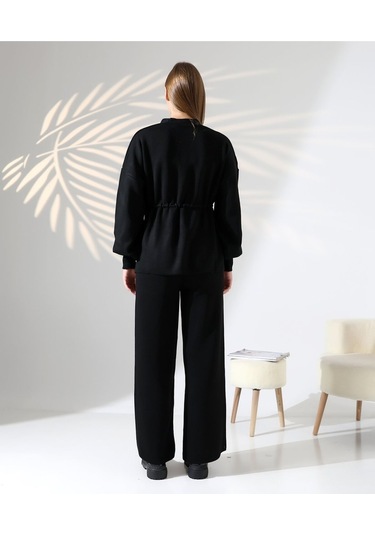 Kuşak Detaylı İkili Triko Takım Siyah