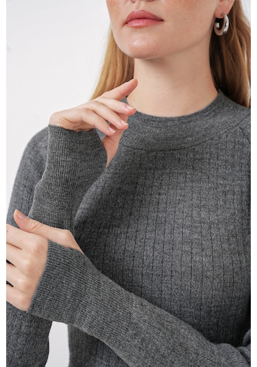 Bigdart 15905 Kadın Crop Kazak Pantolon Triko Alt Üst Takım - Füme