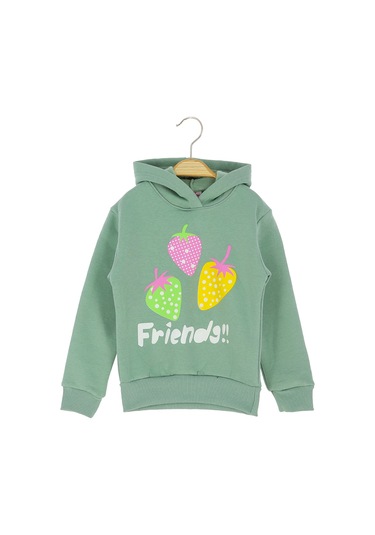 Çilek Baskılı Kapüşonlu Üç İplik Şardonlu Sweatshırt Mint Yeşili