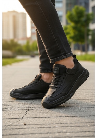 Siyah Hakiki Deri Erkek Casual Yürüyüş Ayakkabısı Season M Siyah
