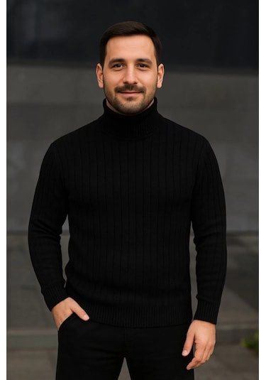 Erkek Balıkcı Yaka Bağazlı Triko Kazak Pamuklu Kalın Fitilli Dokuma, Regular Fit Uzun Kollu Kışlık Model - Siyah Siyah