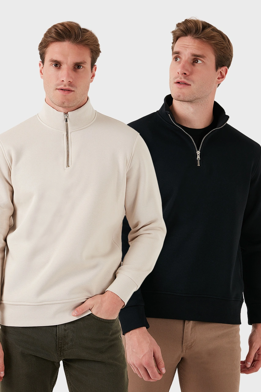 Buratti Pamuklu Regular Fit Dik Yaka 2'Li Paket Erkek Sweat 59052592S2 Kum-Siyah