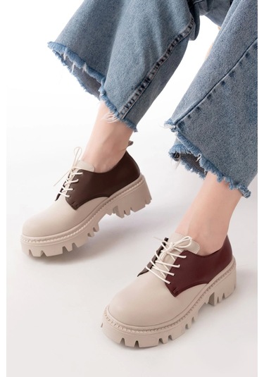 868-754 Bej Garni Bağcıklı Günlük Yüksek Tabanlı Loafer Ayakkabı Bej