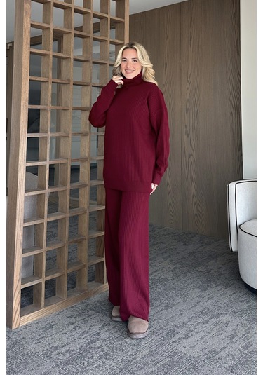 Laluvia Bordo Boğazlı Fitilli Triko Takım - 4671 Bordo