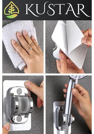 Kustar Krom Kendinden Yapışkanlı 15 Kg Taşıyabilen Nano Duş Başlığı Askısı Mafsal Kolay Temiz Kurulum Gri